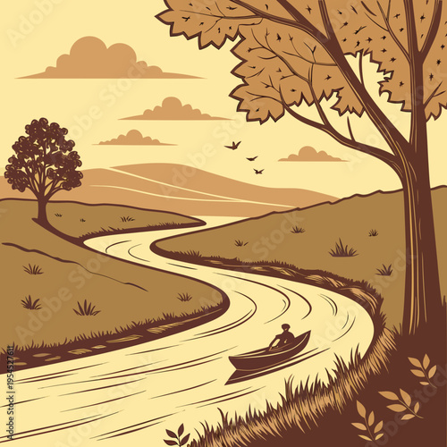 Under the golden hues of sunset, the river flowed lazily, carrying fallen leaves like tiny boats drifting toward an unknown destination.