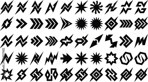 Collection of Black Geometric Abstract Shapes and Symbols on White Background Keywords: abstract, geometric, shape, symbol, design, element, black, white, graphic, modern, icon, logo, pattern