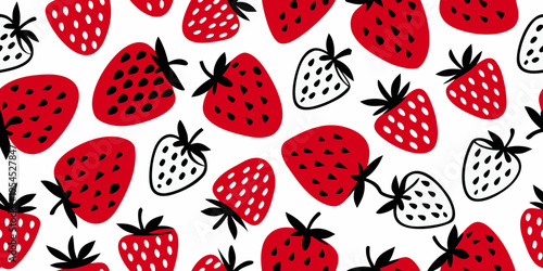 A playful pattern of vibrant red strawberries with black seeds and leaves