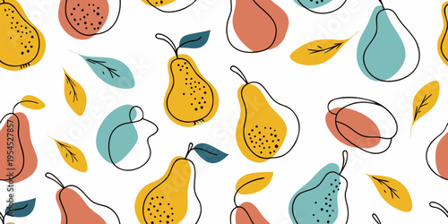 A seamless pattern of colorful stylized pears and leaves on white