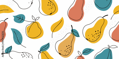 Stylized pattern of pears and leaves in bright modern colors