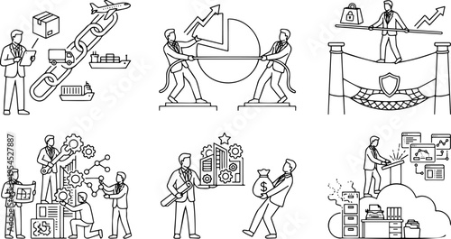 Line art vector set of business concepts including supply chain, risk management and cloud computing