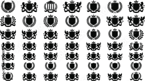 Collection of Black Heraldic Shields Emblems and Crests on White Background heraldry coat of arms