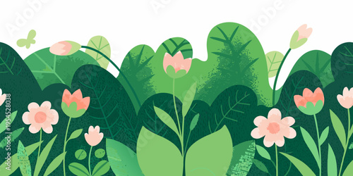 Stylized illustration of lush green foliage and delicate pink flowers