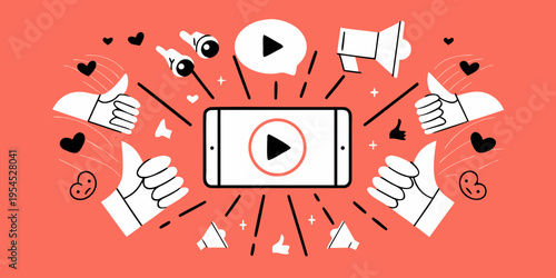 Social media engagement illustration with a central smartphone display