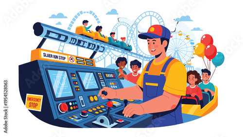 Theme Park Operator: A skilled theme park operator takes control, expertly navigating the thrilling world of amusement. Roller coaster enthusiasts cheer as they embark on an adventure.