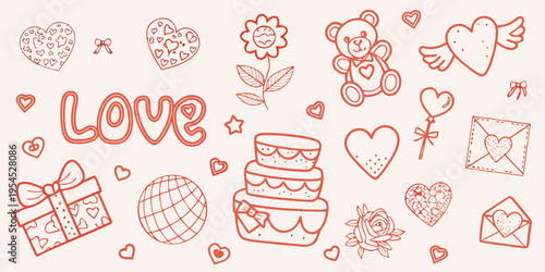 A collection of hand drawn love themed doodles in red outline