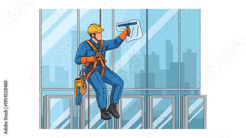 Urban Cleaning: A skilled window cleaner meticulously works at height on a modern building, his expertise reflecting professionalism and urban maintenance.