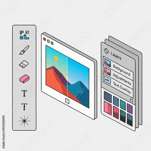 Isometric illustration of a photo editing software interface with layers, tools, and a central image display.