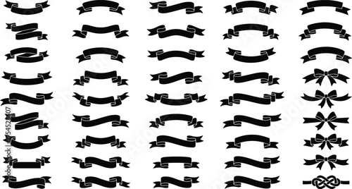 Collection of Black Ribbon and Bow Silhouettes on White Background banner label