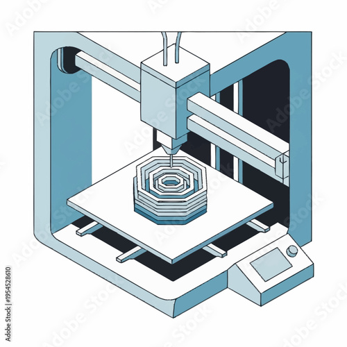 Illustration of a 3D printer creating a multi-layered octagonal object.