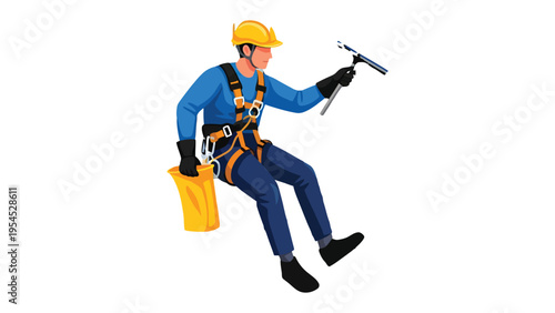 Window cleaner working at height: A skilled window cleaner safely perched, demonstrating expertise while working at a significant height, meticulously cleaning with precision and professionalism.