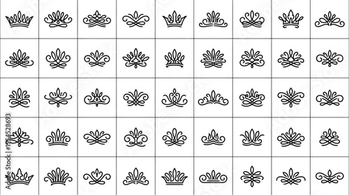 Collection of Black Outline Crowns and Decorative Embellishments vector illustration