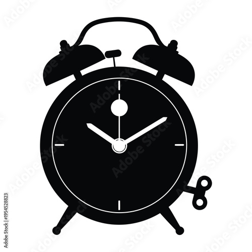 A black and white illustration of an alarm clock.