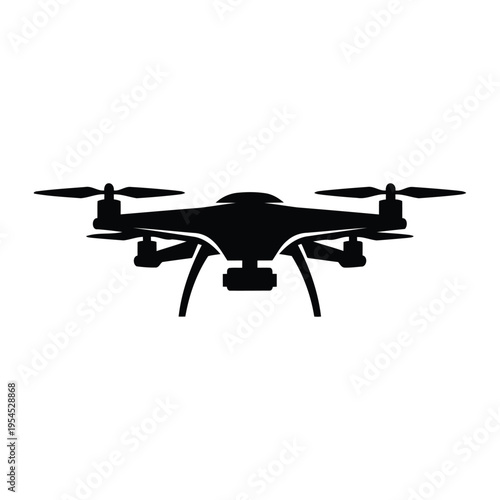 A black drone silhouette with four rotors on a white background.