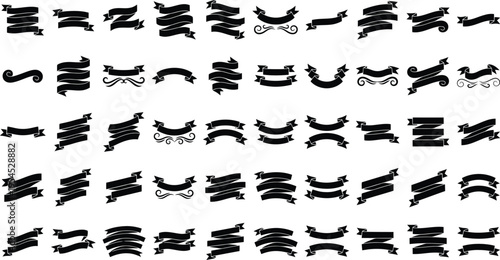 Collection of Black Ribbon Banners and Decorative Swirls on White Background Keywords: ribbon, banner, black, white, background, decorative, swirl, ornate, vintage, graphic, design, element, set