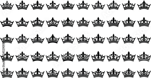 Collection of black royal crowns in various styles on a white background king queen