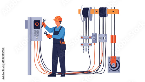Electrician at Work: A skilled electrician diligently works on electrical systems, wearing a safety helmet, with precision, showcasing professional expertise in infrastructure maintenance.