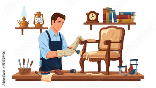 Artisan Crafting Elegance: A skilled artisan meticulously restores a vintage armchair in a well-appointed workshop. The scene evokes a sense of timeless craftsmanship and dedication to detail.