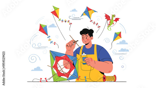 The Kite Maker: An individual skillfully crafting a colorful kite, surrounded by a collection of vibrant kites soaring against a clear sky, embodying creativity and leisure.