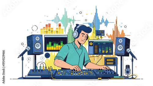 Audio Engineer at Work: A skilled audio engineer meticulously crafts soundscapes at a modern mixing console, with headphones and monitors, surrounded by audio equipment.