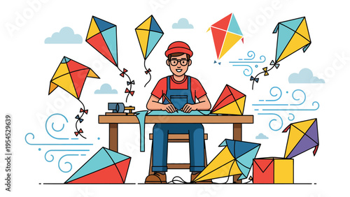 Kite Maker: A craftsman focuses on his art, surrounded by an array of vibrantly colored kites in his workshop, ready to take flight in a perfect moment