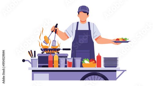 Street Food Chef's Culinary Craft: A skilled chef at a vibrant street food stall expertly prepares delectable dishes.