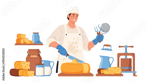 Artisan Cheese Maker: An artisan craftsperson meticulously cuts a wheel of cheese with precision, surrounded by a delightful array of dairy products and tools