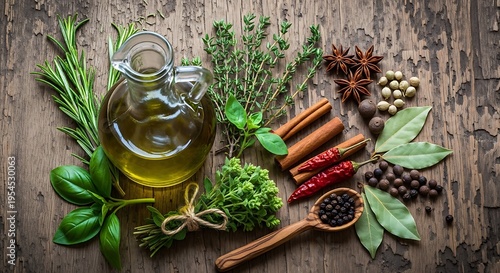 A rustic wooden table displays a glass jug of oil surrounded by herbs like rosemary and basil, wooden spoons filled with spices, cinnamon sticks, star anise, and various peppercorns