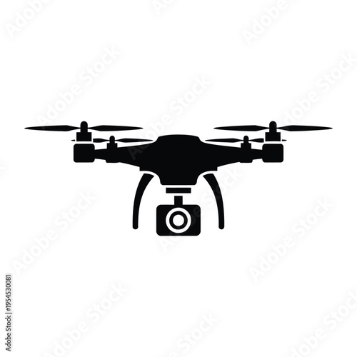 A black drone with a camera on a white background