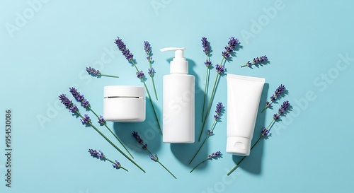 A serene arrangement of white cosmetic containers surrounded by lavender flowers on a soothing light blue background