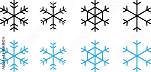 Comparison of black and blue snowflake designs with varying complexity levels