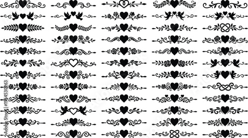 Collection of Decorative Black Heart and Floral Flourish Borders and Dividers Keywords: heart, floral, flourish, border, divider, ornament, swirl, vine, leaf, rose, cupid, dove, love, romantic