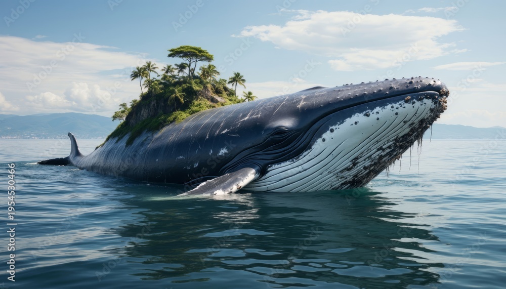 Fototapeta premium A large whale emerges from the water, its body appearing as a floating island with trees. The whale glides smoothly on the calm water, reflecting the surrounding scenery.