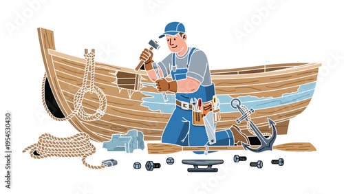 Craftsman at Work: A skilled artisan meticulously restores a vintage wooden boat, showcasing his dedication and craftsmanship.