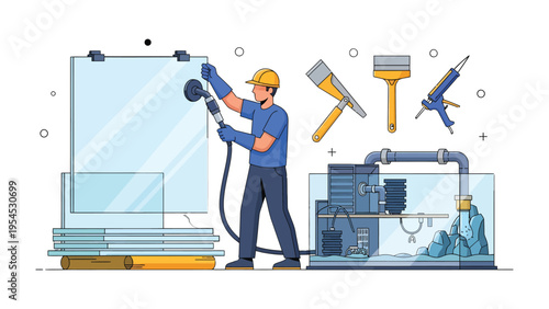 Glass Installation Illustration: A skilled worker installs a large glass panel, surrounded by tools of his trade, in a modern, clean, and organized environment.