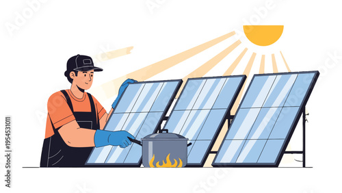 Solar Energy Experiment: A worker uses solar energy panels to cook, in a scene that showcases the power of renewable energy and innovation. 