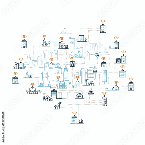 Networked city with buildings connected by wireless signals, representing a smart city infrastructure.