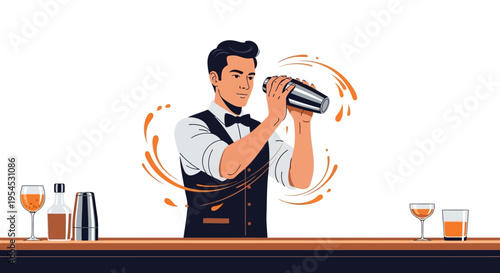 A skilled bartender in a black vest and white shirt expertly mixing a drink with a shaker on a bar counter with various glasses and bottles on World Bartender Day.