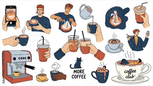 Coffee Time Set – Morning Brewing with Espresso, Cappuccino, Latte Art, Barista and Friends, Coffee Machine, Moka Pot, Filter, and Matcha Cup, Flat Vector Illustration on White Background