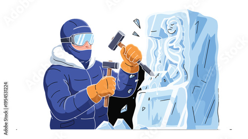 The Art of Ice Sculpting: A focused artisan uses chisel and hammer to delicately sculpt an ice creation, transforming a block of ice into a stunning work of art. 