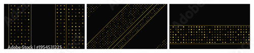 Set of dark backgrounds with golden lines and glittering dots