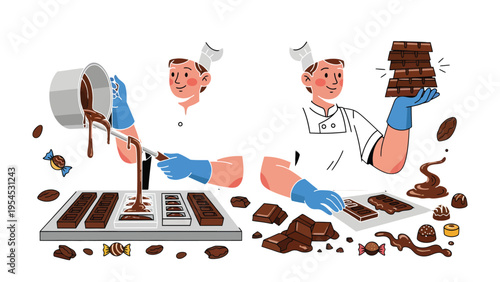 Chocolate Making Process: A skilled artisan meticulously crafts delectable chocolates, showcasing the art of confectionery through various stages.