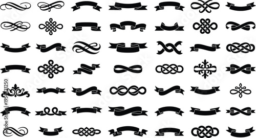 Diverse Set of Black Ribbons Swirls and Celtic Knots on White Background Keywords: ribbon, banner, swirl, flourish, celtic knot, ornament, decorative, design element, graphic, black and white