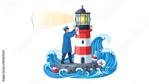 Guiding Light of the Coastline: A lighthouse keeper meticulously tends to his beacon amidst crashing waves, the light beam cutting through the darkness, symbolizing guidance and safety. 
