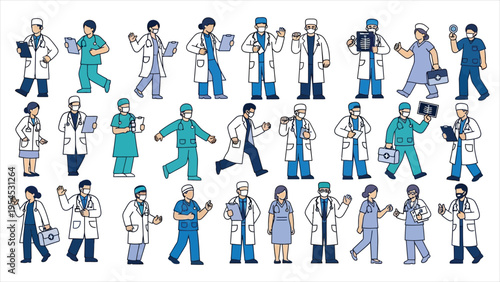 Doctor and Nurse Characters Set – Male and Female Medical Staff in Various Poses, Flat Vector Illustration