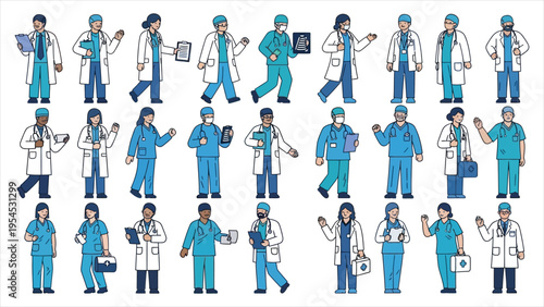 Doctor and Nurse Characters Set – Male and Female Medical Staff in Various Poses, Flat Vector Illustration