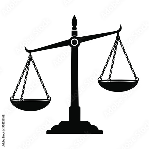 A black silhouette of a balance scale with two empty plates hanging from chains on either side.