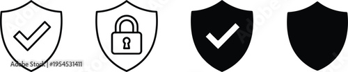 A set of security icons including shields and locks on a white background
