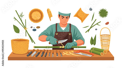 Bamboo Craftsmanship: An artisan meticulously carves and shapes bamboo, surrounded by various tools and finished products, demonstrating the patience and skill. 